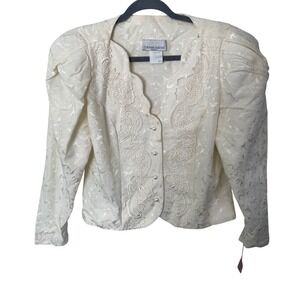 Claudine Bueche Vintage Ivory Jacquard Lace Applique Evening Jacket Womens 8
